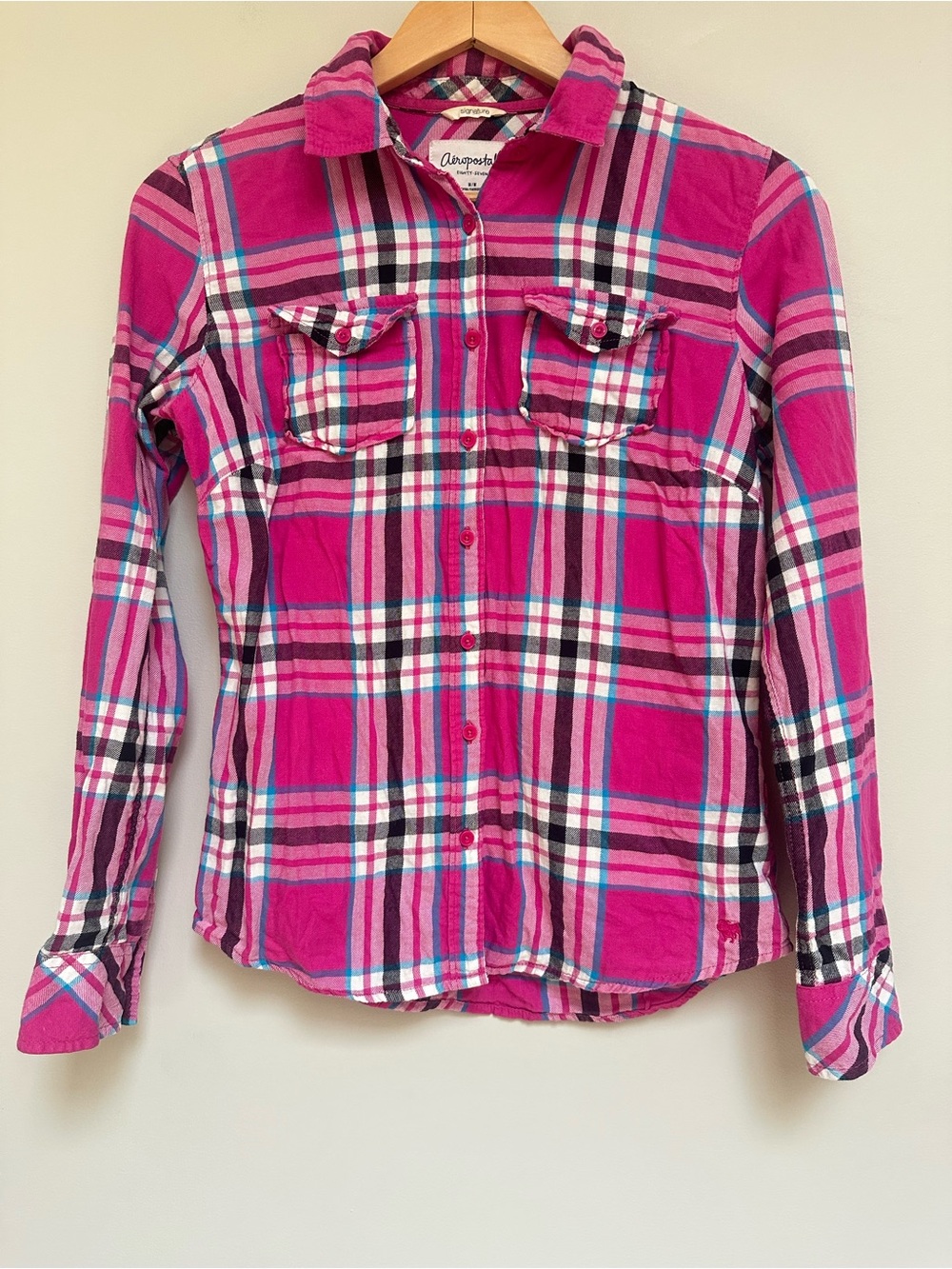 Aeropostale Plaid Button Down Shirt Women’s Medium Pink Blue White Y2K Style